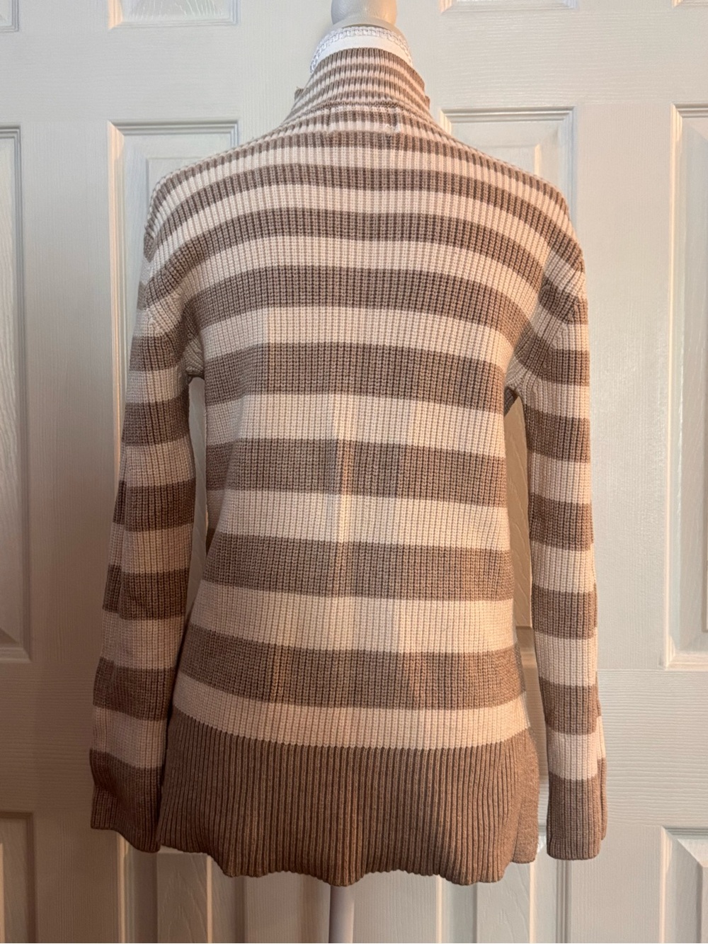 Striped Knit Cowl Neck Sweater in Cream and Taupe - Picture 2 of 11